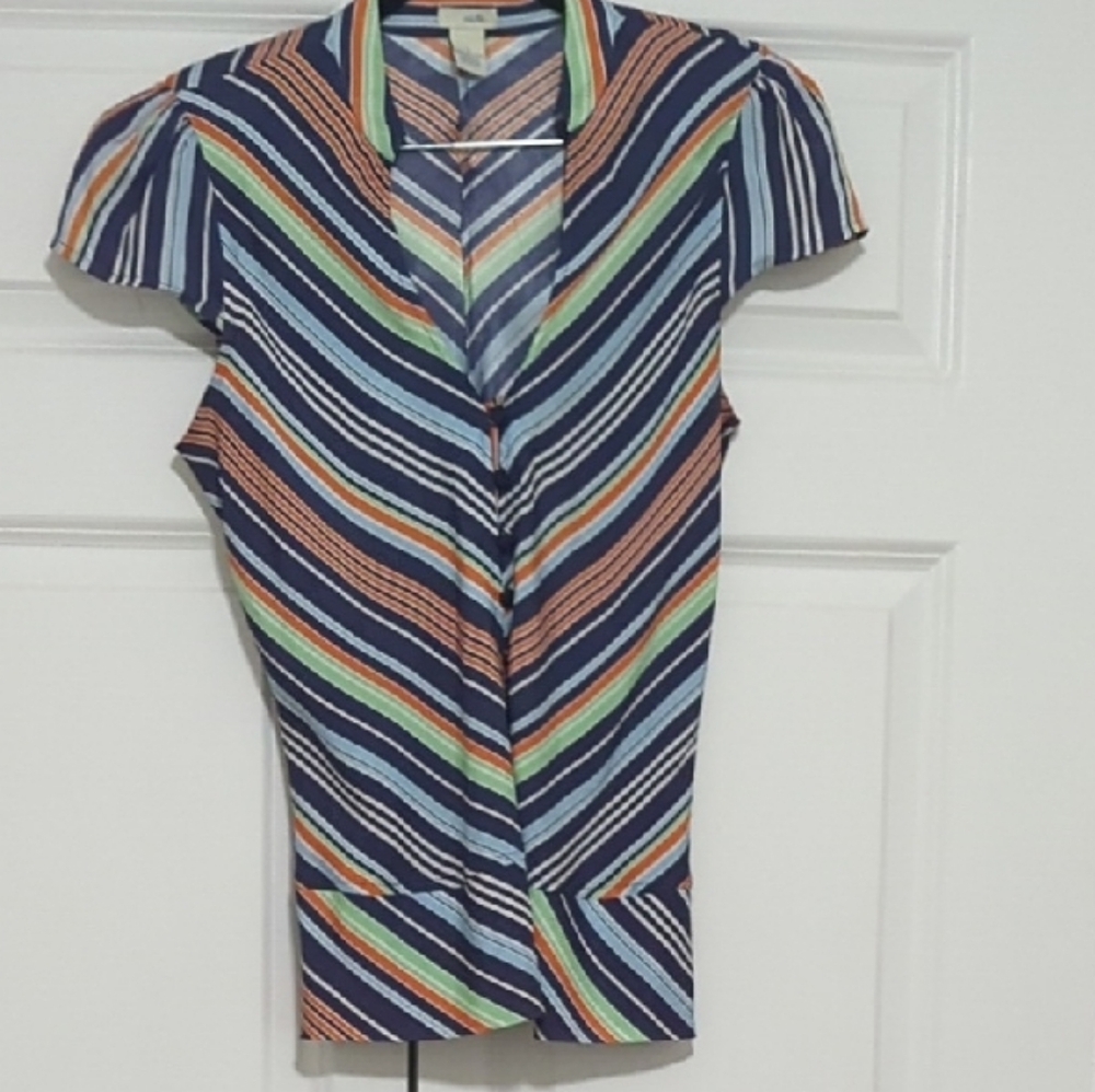 Odille Multicolor Striped V-Neck Blouse - Navy, Light Blue, Orange, Green